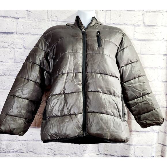 Old Navy Gray Silver Puffer Jacket Medium Hooded Lightweight Soft Cozy - Picture 1 of 6